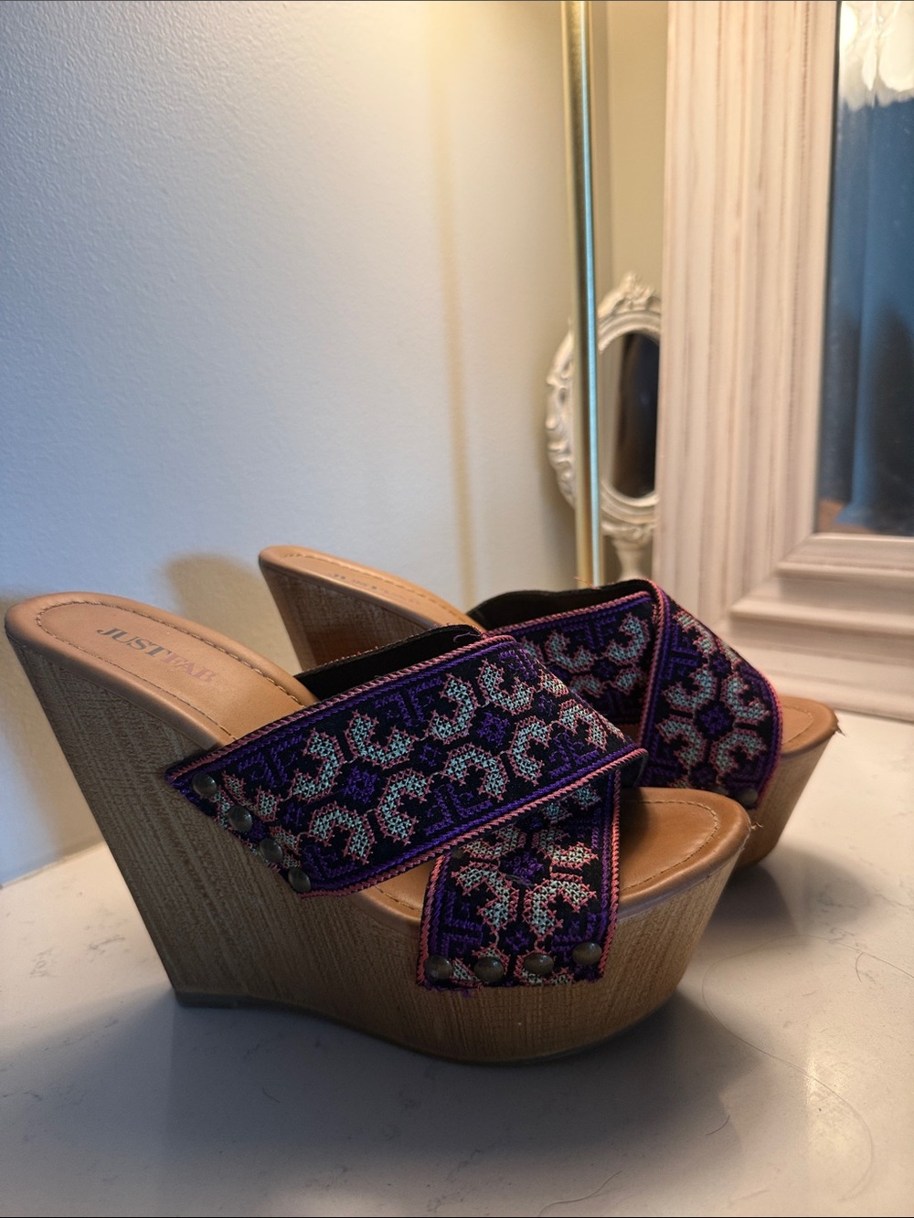 JustFab Purple Patterned Beaded Wedge Sandals